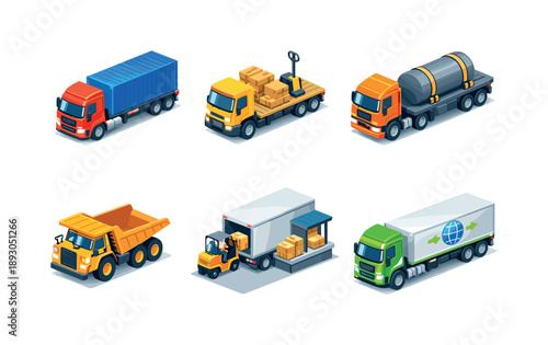 Isometric Freight Transport Icons. Freight transport. Isometric flat vector icons set of Freight transport: container freight truck, pallet transport truck,