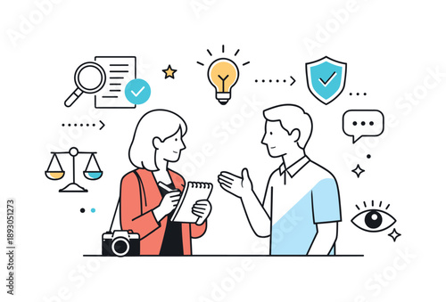 Professional Journalist Interview. Investigative reporting. A reporter interviewing a subject with a notepad and camera, abstract symbols for facts and truth