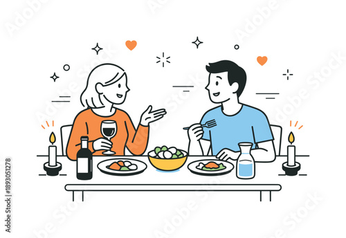 Cozy Home Dinner. Cozy dinner at home. Simple plates, candles, and relaxed conversation, feeling of comfort and togetherness. Clean interior scene with minimal