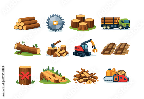 Logging Area Icons. Logging area. Colorful flat vector icons set of logging area: stacked logs, saw blade, tree stumps, timber haul truck, fallen tree, chopped