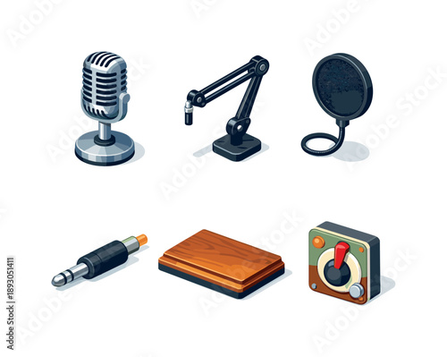 Vintage Studio Icons. Old Studio. Isometric flat vector icons set of old studio: chrome vintage microphone, articulated mic arm, circular pop filter, cable