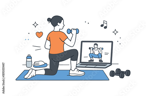 Remote Fitness Motivation. Online fitness class. A person working out while watching a trainer on a tablet or laptop screen. The illustration reflects remote