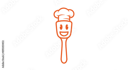Playful orange outline chef spatula mascot with a cheerful smiling face and toque hat.