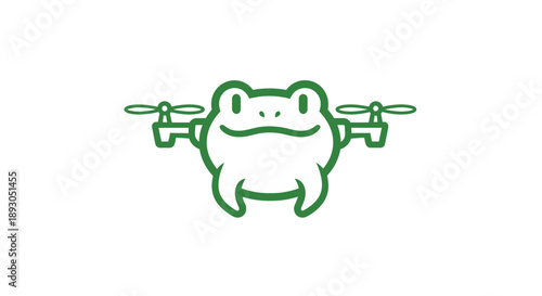 Smiling green frog character with drone propellers a cute amphibian technology mascot.