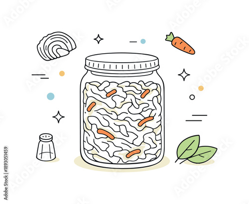 Minimalist Sauerkraut Illustration. Healthy preserved food. Close-up of sauerkraut in a clear jar, clean and minimal presentation. Calm editorial tone with