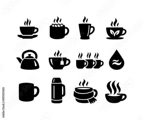Warm Beverage Icons. Warm beverages. Solid icon set of warm beverages: tea cup, cocoa mug, latte mug, herbal steam, kettle icon, cup with sachet, steam trio,