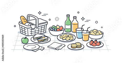 Family Picnic Setup. Family picnic food setup. A simple scene showing a picnic basket, plates, drinks, and snacks arranged neatly on a blanket. Calm, organized
