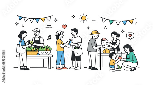 Friendly Market Interaction. Community street market. People interacting politely at vendor tables, exchanging goods and smiles. Warm neighborhood feeling with