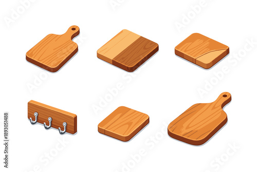 Wood Kitchen Tools. Wood kitchen tools. Isometric flat vector icons set of wood kitchen tools: cutting board with handle, reversible board side, board corner