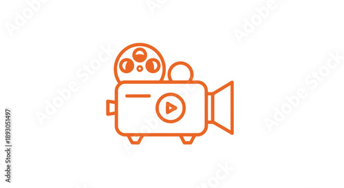 Vibrant orange outline icon of a retro film camera with a play button symbol.