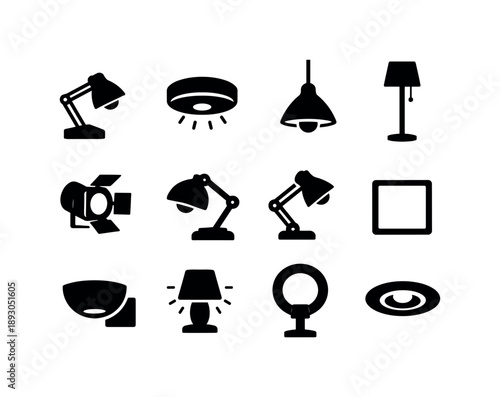 Office Lighting Icons. Office lighting. Solid icon set of office lighting: desk lamp, ceiling light, pendant lamp, floor lamp, spotlight icon, task light,