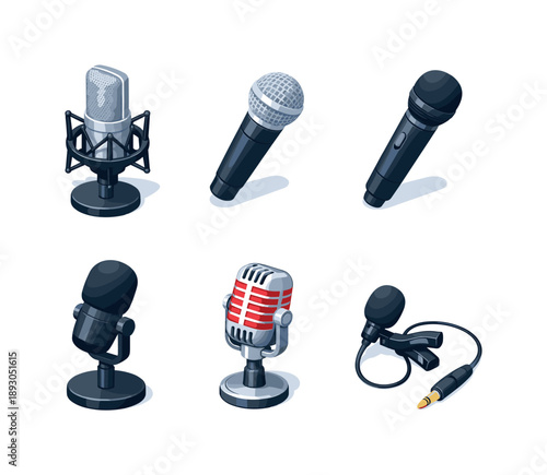 Colorful Microphone Icons. Microphone. Isometric flat vector icons set of microphone: studio condenser microphone, dynamic vocal microphone, handheld wireless