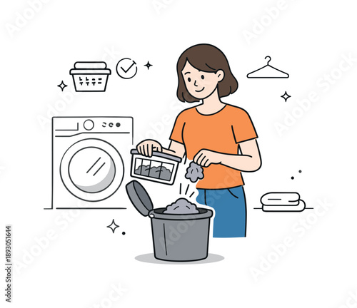 Dryer Lint Disposal. Everyday safety habit. A calm character disposing of lint after cleaning the dryer filter, with a sense of completion and order. The scene
