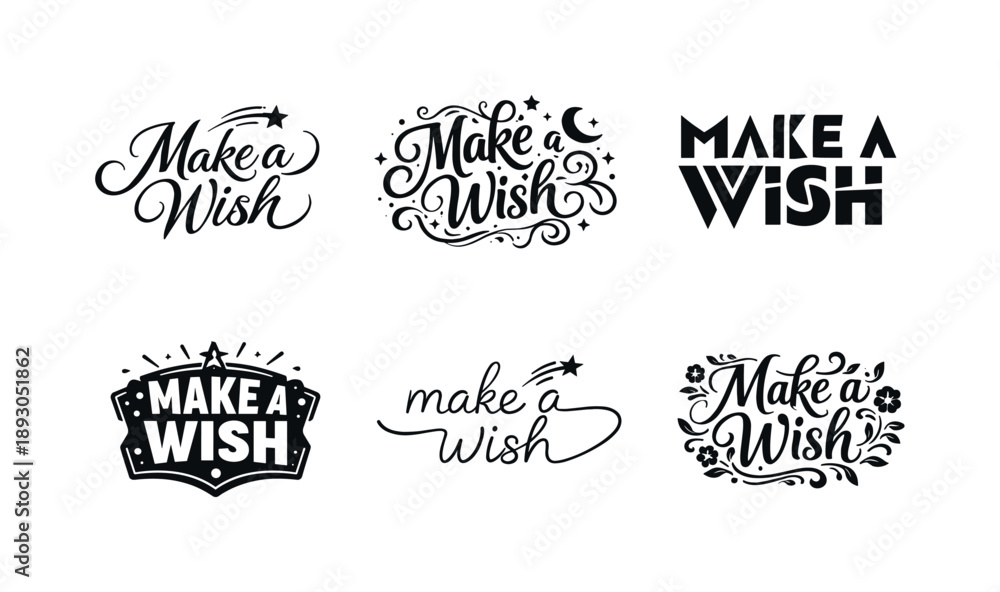 Obraz premium Creative Lettering Designs. Make a wish. Set lettering. harmonious lettering variations of the same emblematic concept, each with different artistic