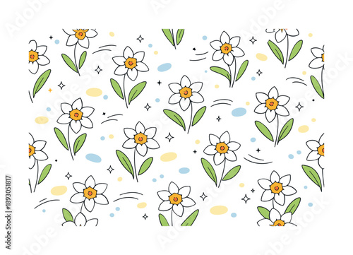 Daffodil Pattern Harmony. Spring daffodil seamless pattern. Minimal daffodil flowers arranged in a flowing repeat, creating gentle movement and visual balance.