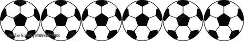 Soccer balls, seamless pattern vector, horizontal line of six black and white footballs isolated ona  background