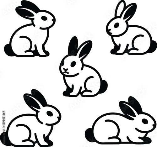 Rabbit, silhouettes vector set, sitting bunnies facing left and right side profile view collection