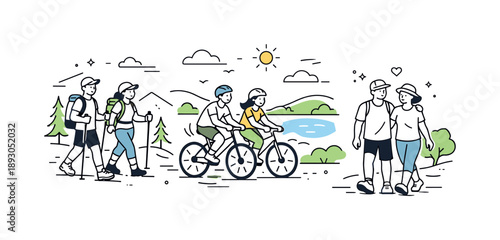 Outdoor Adventure Bliss. People spending time in nature. A calm scene showing friends or family hiking, biking, or walking near trees, lakes, or hills,