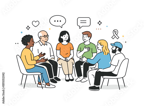 Community Support Circle. Support groups and awareness. Diverse group of people sitting in a circle, sharing experiences and encouragement. Gentle sense of