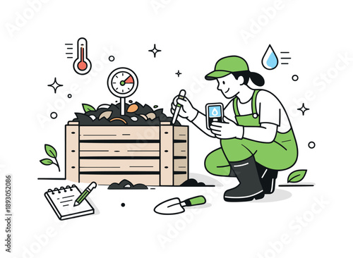 Composting with Care. Advanced composting techniques. A gardener monitoring temperature and moisture with simple tools near a compost bin. The mood reflects