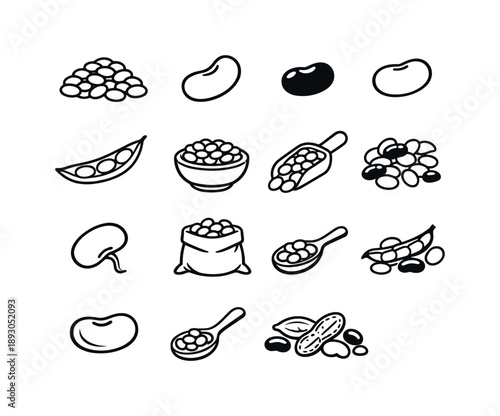 Bean Icon Collection. Beans. Line icon set of Beans: dry beans pile, kidney bean, black bean, white bean, bean pod, cooked beans bowl, raw beans scoop,