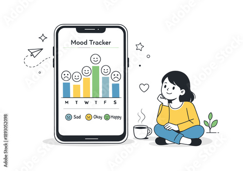 Mood Progress Tracker. Mood tracking chart. A smartphone screen displaying daily mood levels with friendly face icons, while a character calmly observes