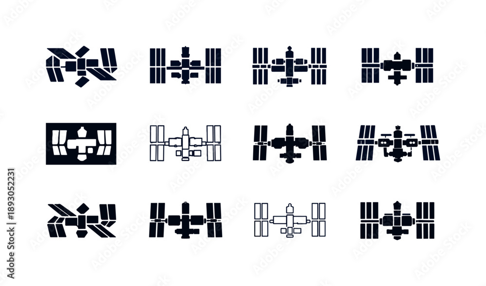 Fototapeta premium Space Station Icons. Space stations. Icon set. Set Logo of Space stations: international space station style structure. harmonious logo variations of the same