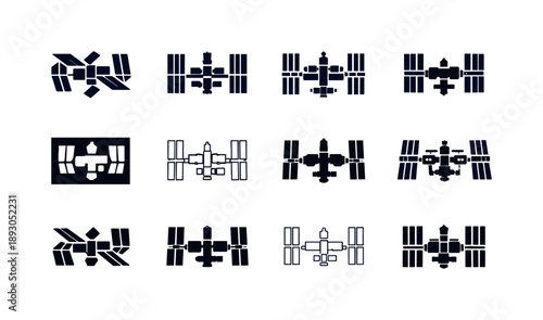 Space Station Icons. Space stations. Icon set. Set Logo of Space stations: international space station style structure. harmonious logo variations of the same