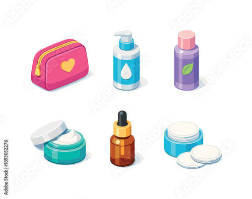 Colorful Beauty Icons. Beauty Routine. Isometric flat vector icons set of Beauty Routine: makeup bag, cleanser bottle, toner bottle, moisturizer jar, serum