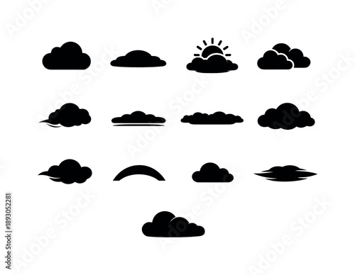 Soft Cloud Icons. Soft Cloud Cover. Solid icon set of Soft Cloud Cover: fluffy cloud, smooth cloud layer, sun diffused, light overcast, drifting cloud shape,