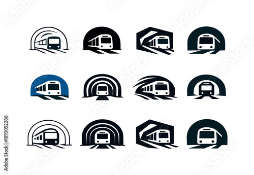 Subway Logo Variations. A subway train moving through underground tunnels, with passengers inside. Icon set. Set Logo of a subway train moving