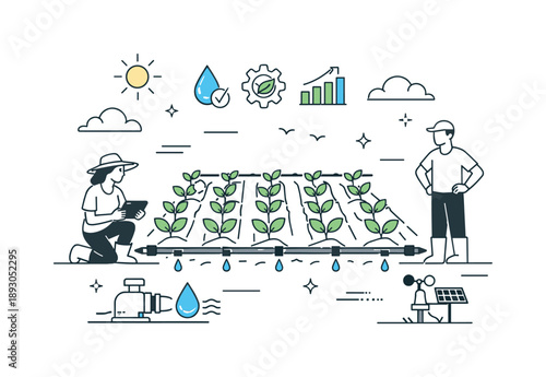 Efficient Crop Irrigation. Agricultural water efficiency. Crops grow in neat rows supported by a low-pressure irrigation system. Balance between technology and