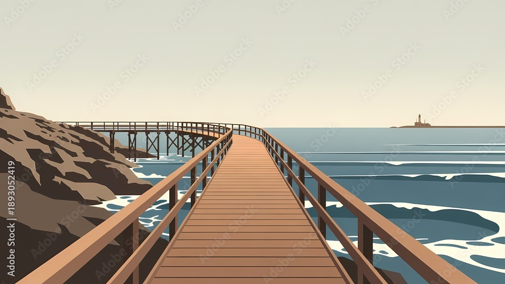 Naklejka premium Coastal wooden boardwalk over tranquil ocean toward distant lighthouse, cinematic digital illustration with soft pastel palette