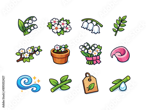 May Birth Flowers Icons. may birth flowers. Colorful isometric vector icons set of may birth flowers: lily of the valley, hawthorn bloom, white bell flowers,