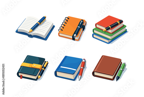 Isometric Book Pen Icons. Isometric Book & Pen Scenes. Isometric flat vector icons set of Isometric Book & Pen Scenes: open book with pen crossing pages,