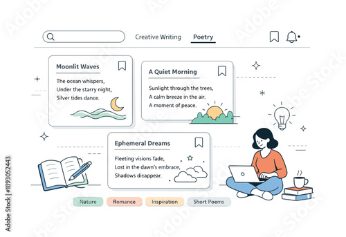 Digital Poetry Platform. Creative writing and poetry sections digital platform. A modern editorial scene showing a clean interface with poem cards, tags, and