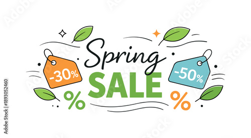 Spring Sale Banner. Seasonal discount banner. Abstract price tags and percentage symbols mixed with leaves and soft motion lines. Clear promotion focus,