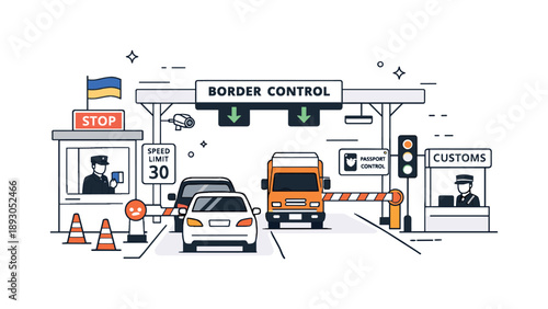 Organized Border Crossing. Border crossings. Vehicles passing through a controlled checkpoint with barriers and signage, smooth and organized traffic. The