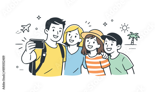 Family Selfie Fun. Family taking holiday photo selfie. One family member holding a phone while others lean in and smile. Casual fun and spontaneous travel