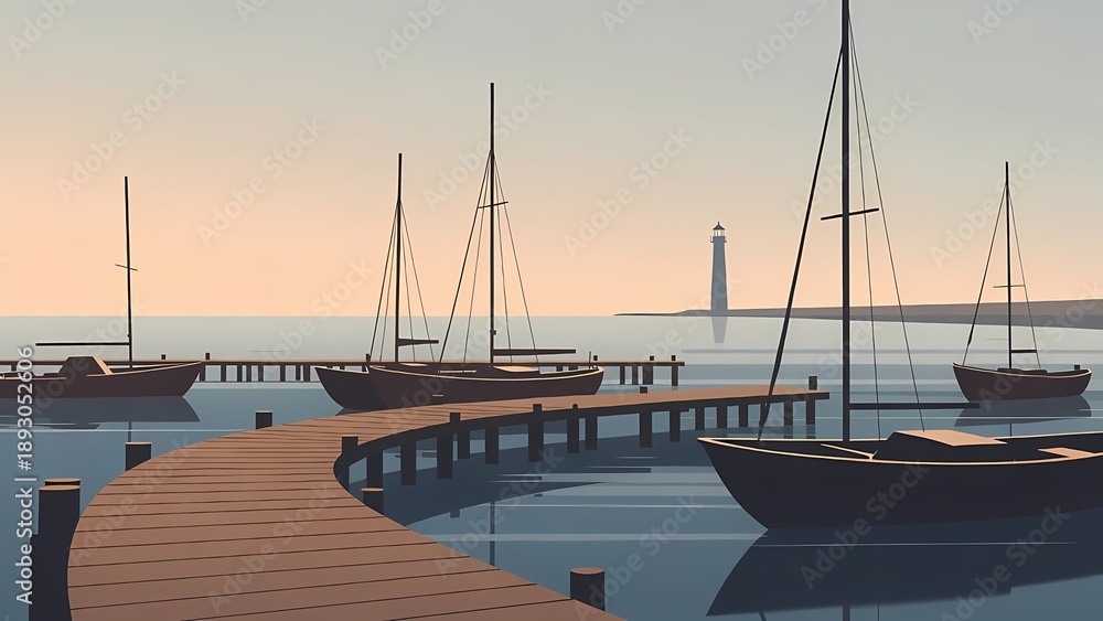 Fototapeta premium Calm harbor sunset with sailboats along a curved wooden pier and distant lighthouse, cinematic illustration