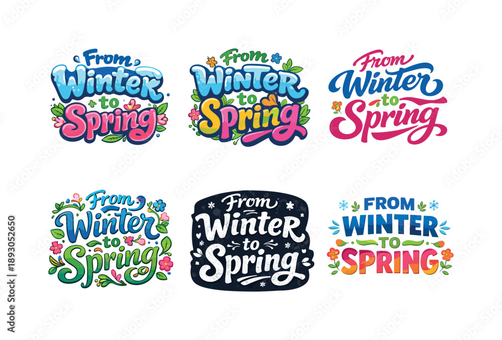 Naklejka premium Seasonal Lettering Variations. From winter calm to spring bloom. Set lettering. harmonious lettering variations of the same emblematic concept, each with