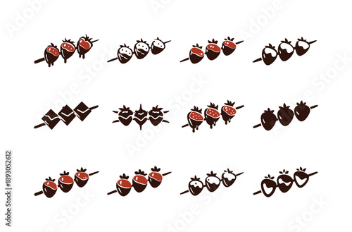 Chocolate Strawberry Logos. Chocolate-dipped strawberries. Icon set. Set Logo of Chocolate-dipped strawberries: chocolate-covered strawberry skewer. harmonious