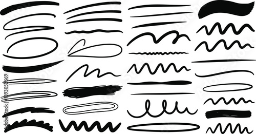 "Flat Vector Illustration of Black Brush Stroke Curved Lines and Abstract Shapes on White Background for Creative Design
