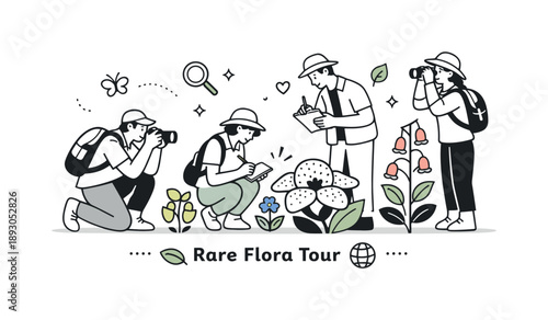 Rare Flora Exploration. Rare flora tour concept. A small group carefully examining unique plants with notebooks and cameras, highlighting conservation and
