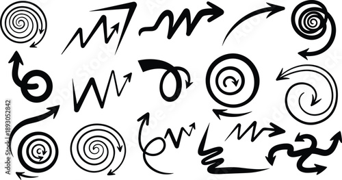 Flat Vector Illustration of Spiraling Arrows, Dynamic Swirls, and Zigzag Motion Designs, Creative Abstract Patterns