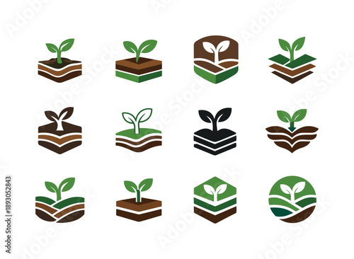 Reforestation Logo Variations. Reforestation. Icon set. Set Logo of reforestation: sprout in soil layers. harmonious logo variations of the same emblematic