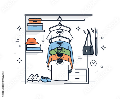 Compact Closet Solution. Small closet optimization. A compact wardrobe uses cascading hangers to hold multiple items vertically. Smart solution, functionality,
