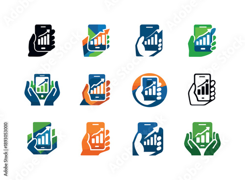 Financial App Logo Grid. Using a financial app. Icon set. Set Logo of using a financial app: hand holding phone with charts. harmonious logo variations of the