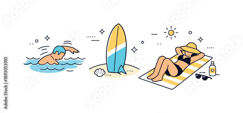 Coastal Leisure Vibes. Beach activities illustration. A person swimming, another sunbathing, and a surfboard resting in the sand. Light movement and relaxed