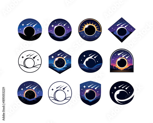 Celestial Icon Set. Astronomical events like solar eclipses and meteor showers. Icon set. Set Logo of astronomical events like solar eclipses and meteor